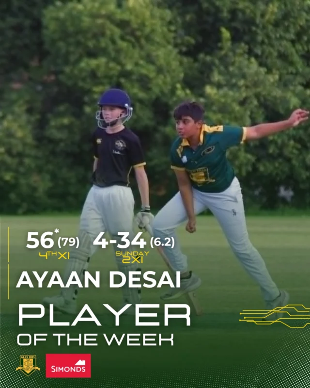 The Seniors Player of the Week is Ayaan Desai!Ayaan was man of the match for the 4th XI, with a tidy 56* off 79 and bowling 5 overs, netting 2/18. He backed it up on Sunday, 4/34 on turf!Well done, Ayaan!